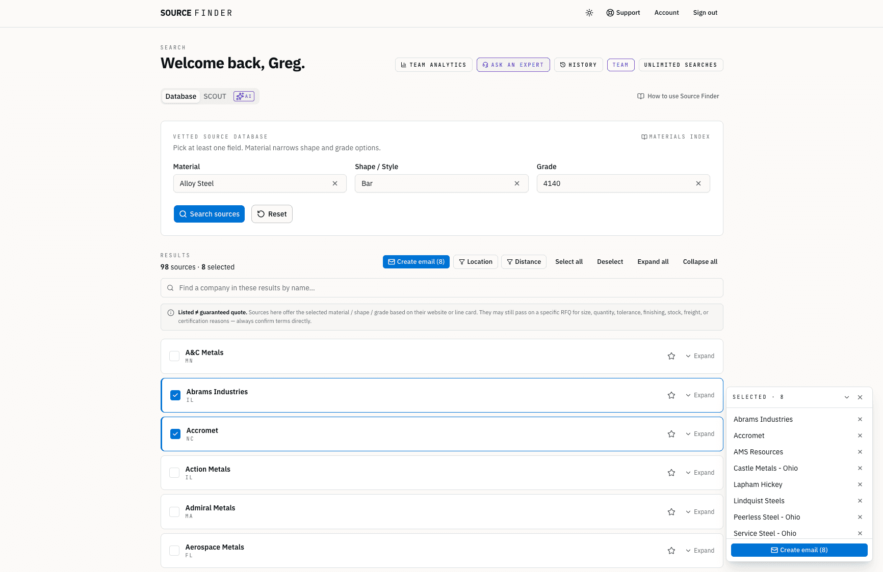 Source Finder Database search — material, shape, and grade dropdowns with curated supplier results