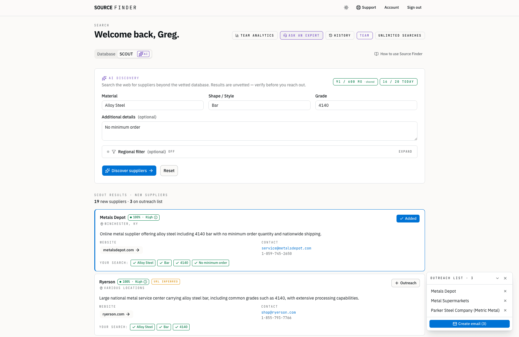Source Finder SCOUT AI search — discovering suppliers beyond the curated database with confidence-scored results