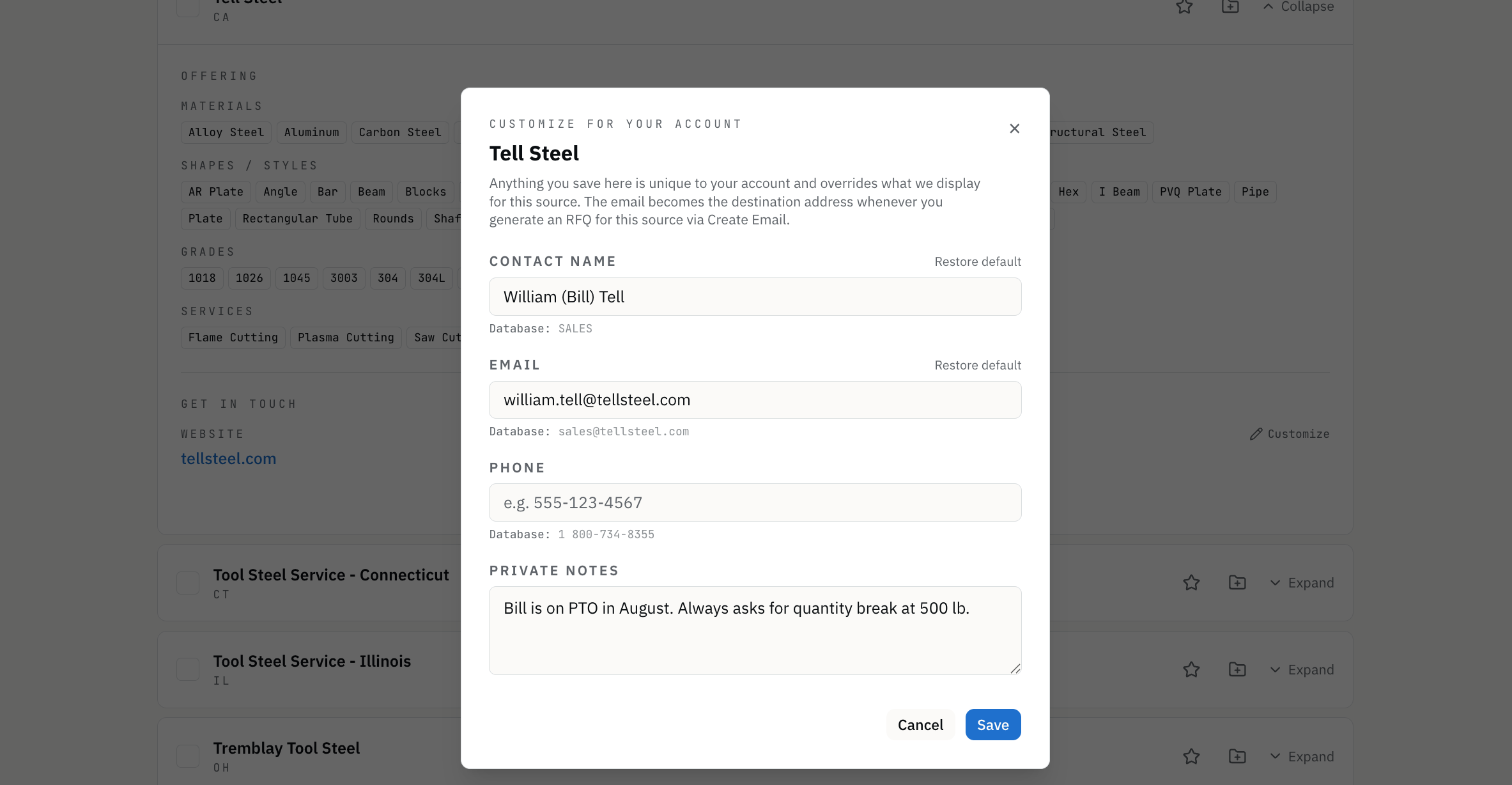 The Customize modal with all four fields filled in — Database default visible under each field as a reference.