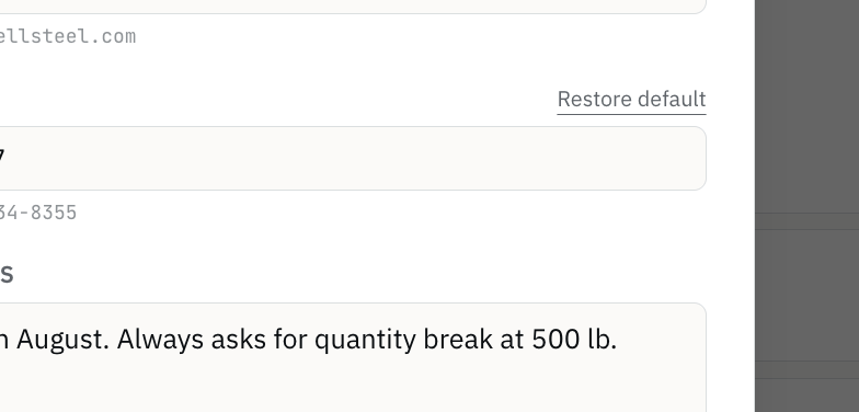 A “Restore default” link next to each field clears that one field only — keep the rest of your customization intact.
