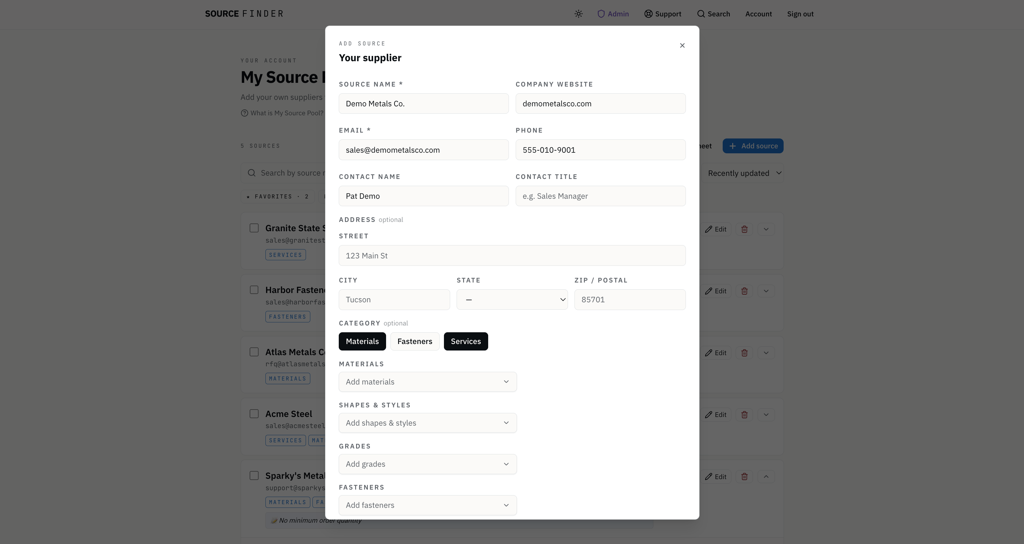The Add Source modal, partially filled in — main identity fields, categories, and the optional capability taxonomy.