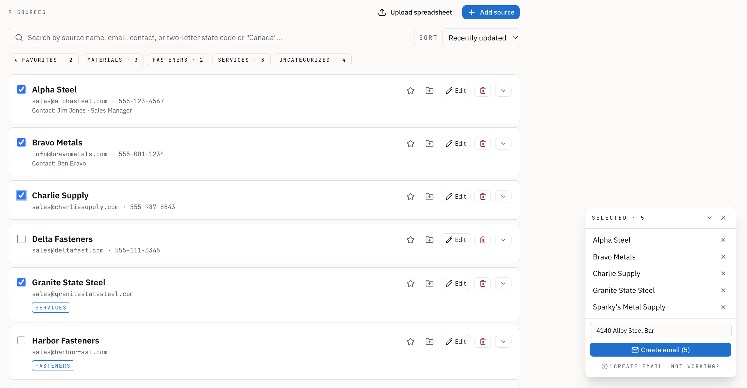 The Source Pool page with several sources checked — floating Create Email action bar visible in the bottom-right.